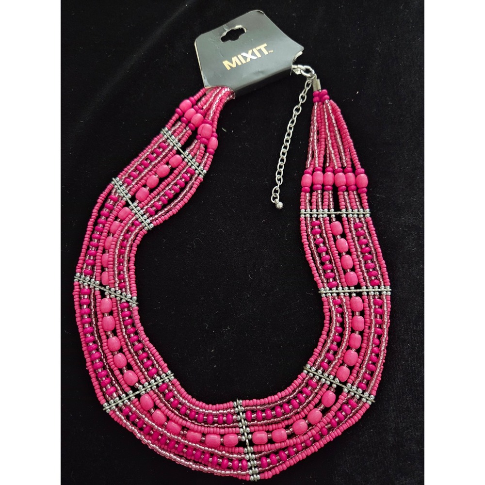 Mixit Womens Pink Multi Strand Beaded Bib Statement Necklace Silver Tone New